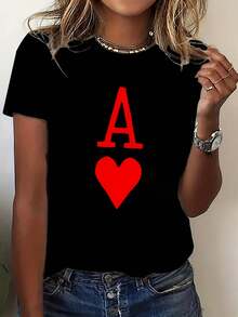 Women's Black Short-Sleeved T-Shirt With A Heart And Lettering Design, Perfect For Summer. This Casual And Versatile Top Is Comfortable, Breathable, Stylish, And A Must-Have For Everyday Wear. - 黑色 - 查看 11