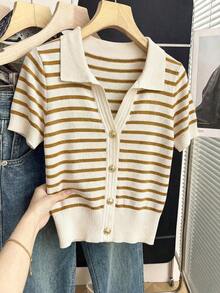 Nueva blusa de punto de manga corta holgada con cuello vuelto, diseño elegante para ir al trabajo, con decoración de rayas de color contrastante y botones metálicos delicados - Multicolor 3 - Ver 5