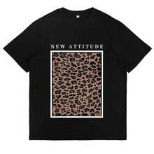 New Attitude Leopard Print T-Shirt, Animal Print T-Shirt, Retro Vintage T-Shirts, Casual Everyday Wear, Gift For Fashion Lovers, Y2K Stylish Graphic T-Shirt For Women - 黑色 - 查看 1