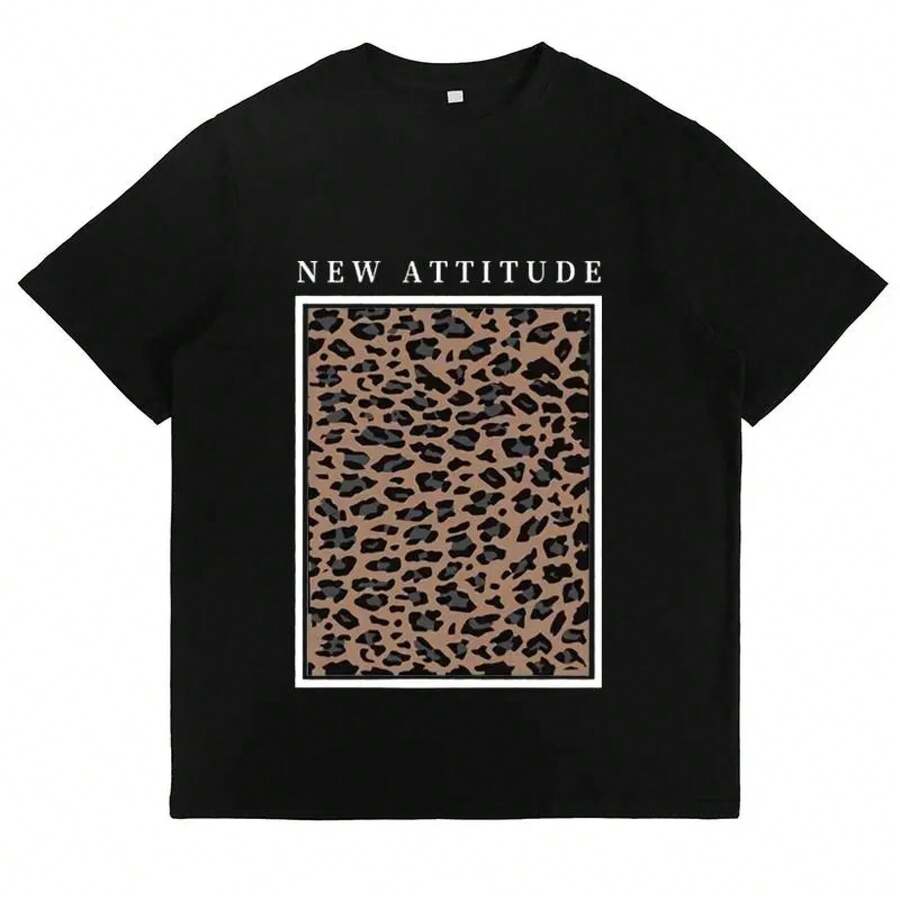 New Attitude Leopard Print T-Shirt, Animal Print T-Shirt, Retro Vintage T-Shirts, Casual Everyday Wear, Gift For Fashion Lovers, Y2K Stylish Graphic T-Shirt For Women - 黑色 - 查看 1