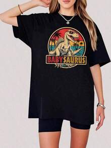 1 Piece Unisex Loose-Fitting Short-Sleeved T-Shirt, Crew Neck, 180g, 100% Pure Cotton, With A Retro Family Dinosaur Print (Grandpasaurus/Grandmasaurus/Sistersaurus) With Sunset And Palm Trees. Y2K Bababask Style, Y-Inspired, Ideal For Summer, Everyday Wear, Festivals, Beach Outfits, Suitable For Plus Sizes And All Year Round. - 黑色7 - 查看 6