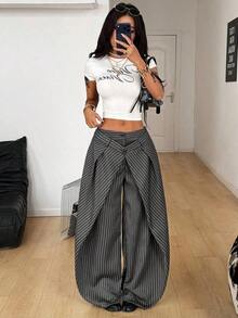 Pantalones casuales de rayas tejidas de color gris oscuro para mujer - Gris - Ver 5
