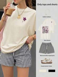 Conjunto de top de manga corta holgado con estampado floral y shorts a rayas para mujer, conjunto casual de verano de 2 piezas para mujer, traje de mujer, conjunto de verano para mujer, ropa de vacaciones, atuendo de viaje, estilo de playa, ropa de vacaciones minimalista y elegante - Albaricoque - Ver 5