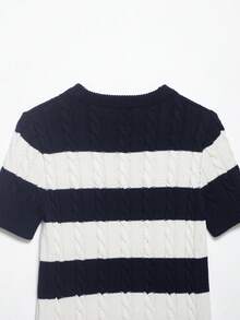 CAREE 女士夏季条纹短袖针织衫，学院风 Polo 领休闲套头衫 - 藍白色 - 查看 8
