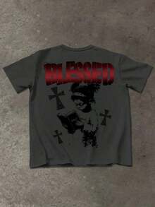 Manfinity Men's Casual T-Shirt With Cross And Letter Print, For Summer - Dark Grey - View 3