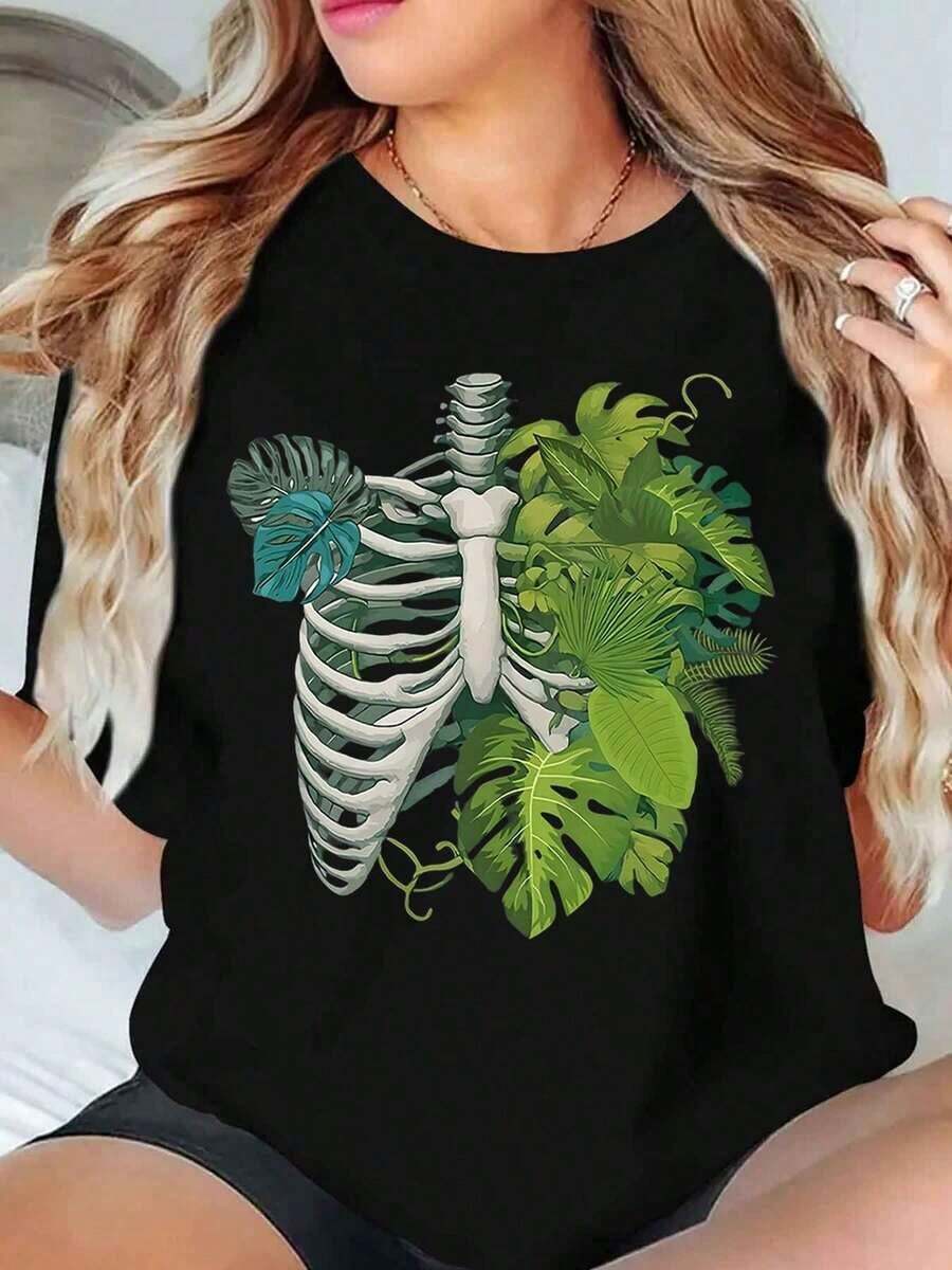 Women's Clothing Tropical Skeleton And Plant Design T-Shirt For Women, Casual Summer Fashion Top With Jungle Leaf Print, Loose Fit Shirt, Women's Shirts - 黑色 - 查看 1