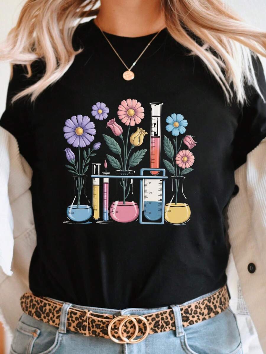 Camiseta casual de manga corta y cuello redondo con estampados de laboratorio de ciencias botánicas, perfecta para primavera y verano, diseñada para mujer - Negro - Ver 1