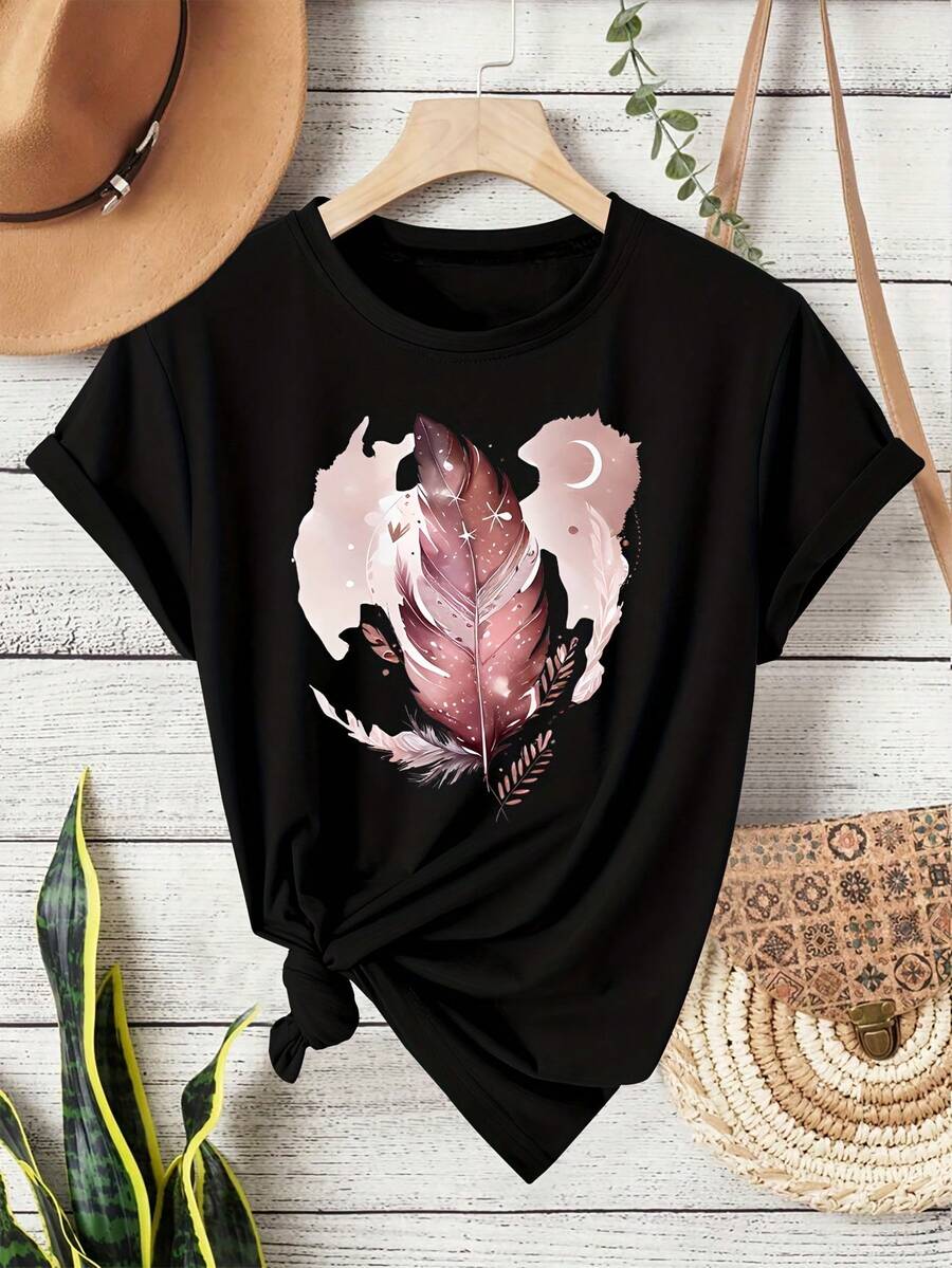 Short-Sleeved T-Shirt With A Round Neck, Mexican Style, Bright Pink Feather Print, Retro Style, Casual Sportswear And Fitness Wear For Women, Suitable For Spring, Summer, Autumn And Winter. Lightweight, Breathable And Loose Fit. - 黑色 - 查看 1