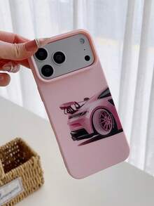 1pc Fashionable Pink Sports Car Pattern Liquid Silicone Soft Phone Case, Shock-Proof Protective Cover Compatible With Apple 11/12/13/14/14Plus/15/15Plus/16/16Plus/7/8Plus/17/17Pro - Multicolor - View 3