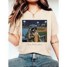 Funny Baseball Tee With Raccoon Design, Here Now Tee, Here Now Tee, Baseball Lover Tee, Funny Baseball Field Graphic Tee, Baseball Fan Gift, Game Day Tee, 4th Of July Apparel For Women, World Cup Game Day Tee, Soft And Lightweight Tee, Easy To Match With All Outfits. Women's 100% Cotton Graphic Tee, Y2K Style, Crew Neck, Loose Fit. - 杏色 - 查看 5