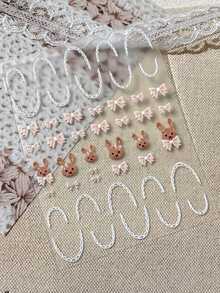 1pc Beige Rabbit Bow 5D Embossed Nail Sticker, Beige Rabbit + Pink Bow + White Lace, Ins Style Soft Nude Color Nail Art Decor Sticker With Self-Adhesive For DIY Nail Stickers - Multicolor - View 4