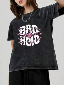 Suitable For Both Men And Women, Comfortable And Loose, Versatile, Modern And Fashionable, Pure Washed Cotton T-Shirt, Comfortable T-Shirt For Everyday Wear, Creative Wavy Letter Print, Casual Short Sleeve Round Neck T-Shirt For Summer. - 黑色 - 查看 6