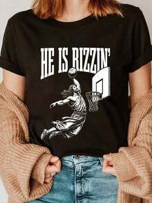 conjuntos de mujer2026Camiseta con meme de baloncesto de Jesús divertido de He Is Rizzin, Camisetas casuales para mujer, Camiseta estilo Y2K, Camisetas de verano, Conjuntos de verano, Camisetas casuales de manga corta de verano, Camiseta 100% algodón, playeras de mujer - Negro - Ver 1