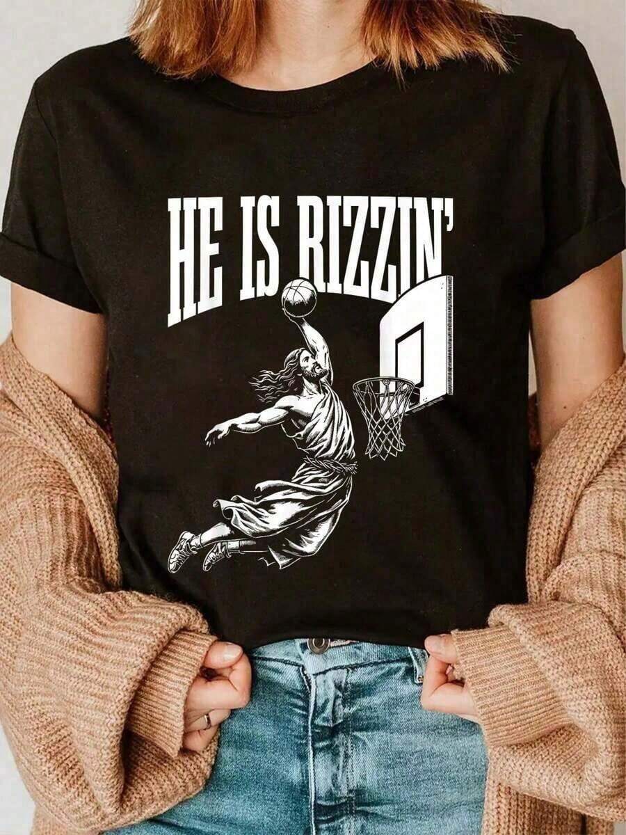 conjuntos de mujer2026Camiseta con meme de baloncesto de Jesús divertido de He Is Rizzin, Camisetas casuales para mujer, Camiseta estilo Y2K, Camisetas de verano, Conjuntos de verano, Camisetas casuales de manga corta de verano, Camiseta 100% algodón, playeras de mujer - Negro - Ver 1