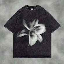 1 pieza de camiseta vintage más vendida, camiseta vintage lavada con diseño de flor de lirio, estética con gráfico floral y cuello redondo para mujeres y hombres, top de estilo grunge botánico de gran tamaño, la mejor camiseta para regalar, 180g de algodón 100%. - Negro - Ver 1