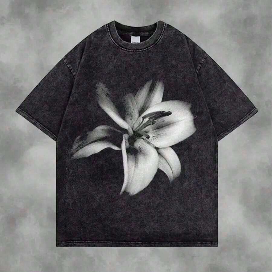 1 pieza de camiseta vintage más vendida, camiseta vintage lavada con diseño de flor de lirio, estética con gráfico floral y cuello redondo para mujeres y hombres, top de estilo grunge botánico de gran tamaño, la mejor camiseta para regalar, 180g de algodón 100%. - Negro - Ver 1