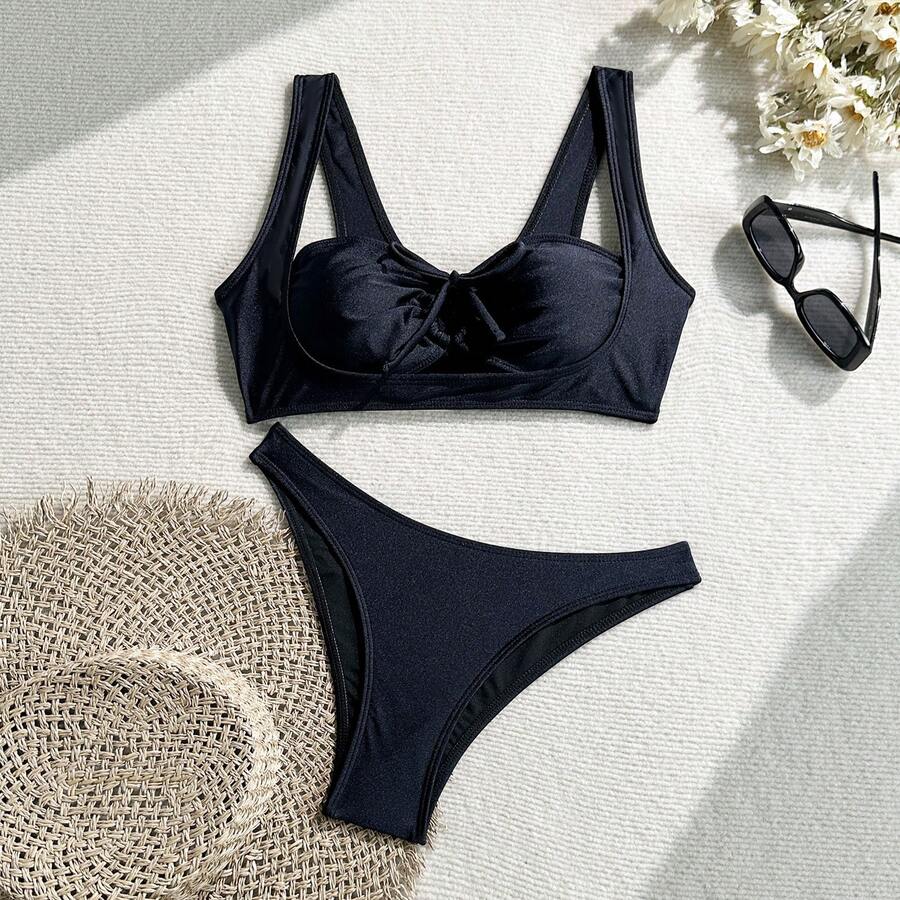 New Two-Piece Bikini Made Of Shiny Solid-Color Nylon, Sexy, With A Hollow Design And Adjustable Straps. - Black - View 1