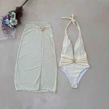 New Solid Color One-Piece Maxi Skirt With Mesh Slit And Halter Neck, Sexy Summer Bikini. - 杏色 - 查看 11