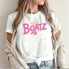 Boatzz Pink Graffiti Style Print Design For Women's Short Sleeve T-Shirt Featuring Bold Letters With A Golden Halo Above The Letter O Perfect For Casual Summer Wear  Fashion Statement Piece Unique Artwork For Everyday Outfit - 白色的 - 查看 6