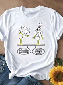Camiseta de mujer casual con cuello redondo, opciones en negro y blanco, estampado de nota musical y texto, camiseta gráfica divertida para uso diario, camisetas de verano, tops gráficos, conjuntos de verano, camisetas gráficas de mujer, tops cortos de mujer, camisetas vintage de algodón, ropa linda para mujer, playeras de mujer. - Blanco - Ver 3