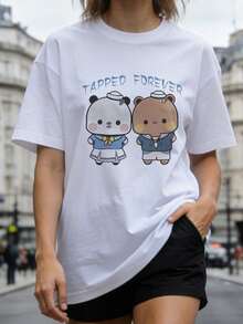 Camiseta de verano para mujer, casual, de cuello redondo y manga corta, con un estampado dulce de dos adorables osos marineros con uniformes azules y la frase "Forever". Color negro. - Blanco - Ver 2