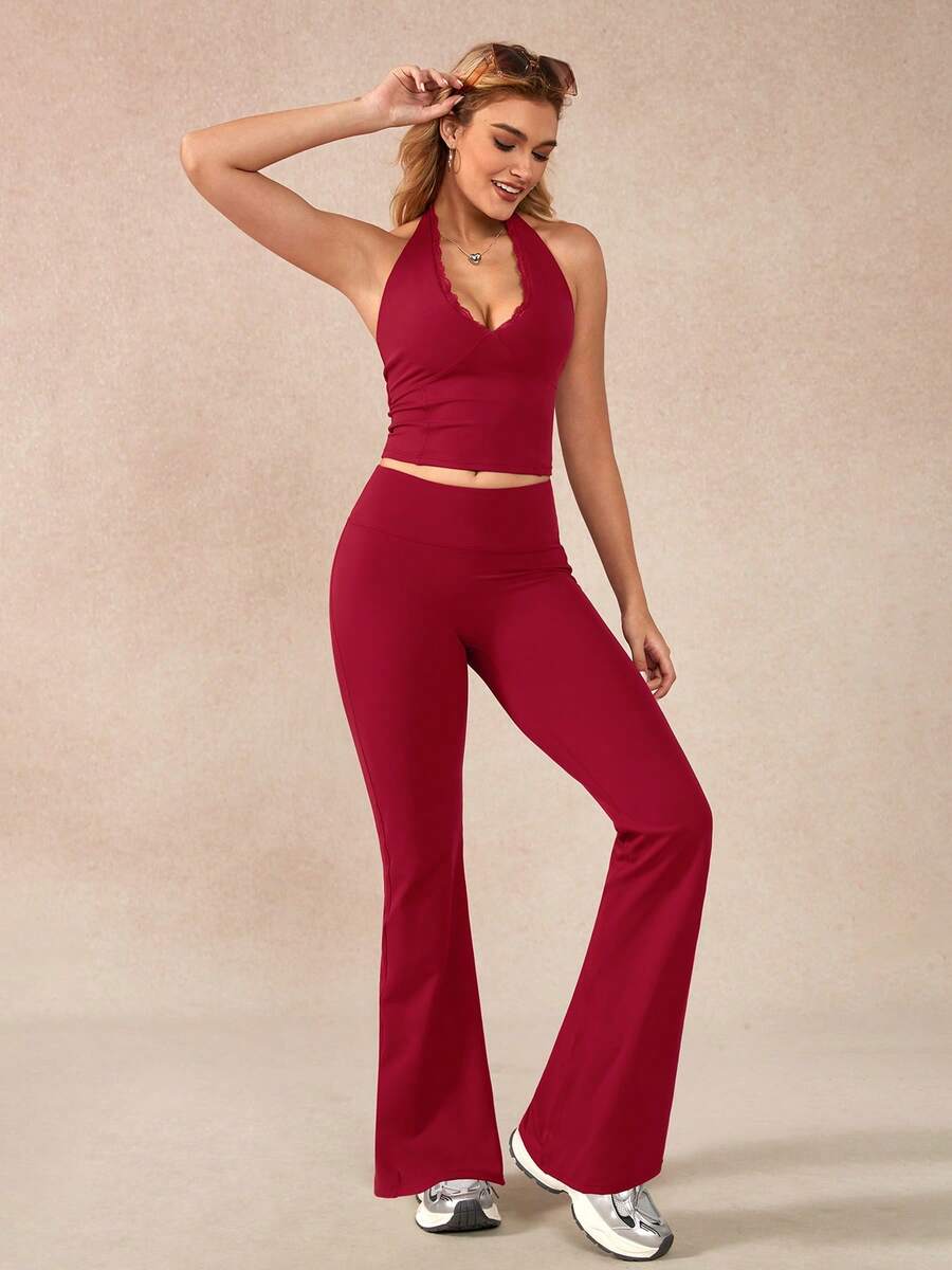 NcmRyu Women's One Set Solid Color Lace Trim V-Neck Halter Backless Vest & Ruched Flare Pants Sports Suit - Red - View 1