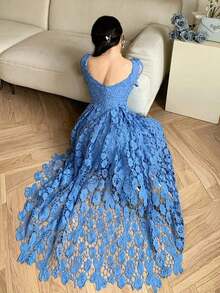 Vestido largo de mujer de estilo francés con cintura alta, manga corta y encaje calado, vestido de invitada de boda, vestido de cóctel de mujer - Azul - Ver 1