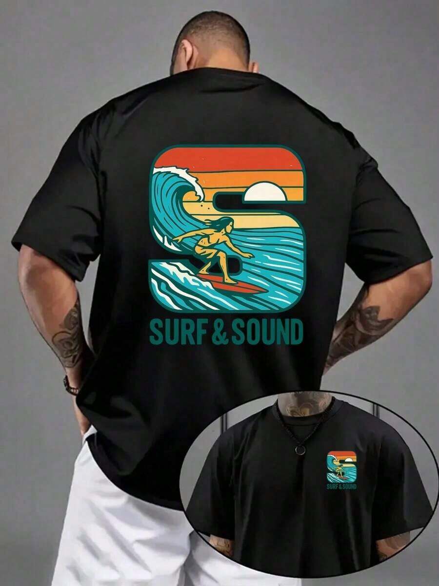 GiftSurfing and Sound, Camiseta de moda para hombre con estampado de patrón a doble cara, adecuada para el ocio diario en casa y deportes de fitness al aire libre, prenda superior de estilo popular, camiseta esencial con paneles delantero y trasero para hombre, TALLA GRANDESoft - Negro - Ver 1