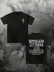 HIGH Street Con Dios Todas Las Cosas Son Posibles, Camiseta de Cuello Redondo con Estampado Gráfico de Cruz y Letras de Fe Cristiana, Cómoda y Suave (Algodón Grueso de 220g), para Hombre, Camiseta Casual de Manga Corta para Verano. - Negro - Ver 1