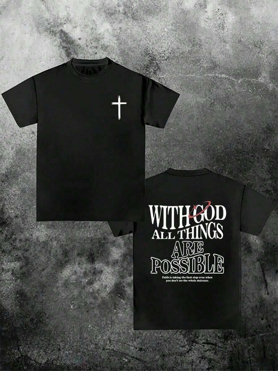HIGH Street Con Dios Todas Las Cosas Son Posibles, Camiseta de Cuello Redondo con Estampado Gráfico de Cruz y Letras de Fe Cristiana, Cómoda y Suave (Algodón Grueso de 220g), para Hombre, Camiseta Casual de Manga Corta para Verano. - Negro - Ver 1