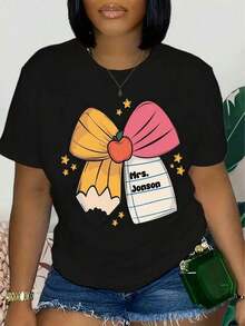 ModaModaCamiseta de manga corta para mujer, suave y transpirable, 100% algodón - Estampado gráfico con temática de maestros, top casual de cuello redondo para la temporada de regreso a clases, camiseta versátil para educadores y madres, camiseta para maestros. - Negro - Ver 6