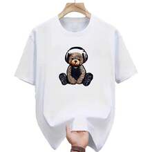 Camiseta Retro Estampada para Mujer, Verano, Casual, Cuello Redondo, Corte Holgado, Manga Corta, Camiseta de Algodón, Ropa Casual - Blanco - Ver 1