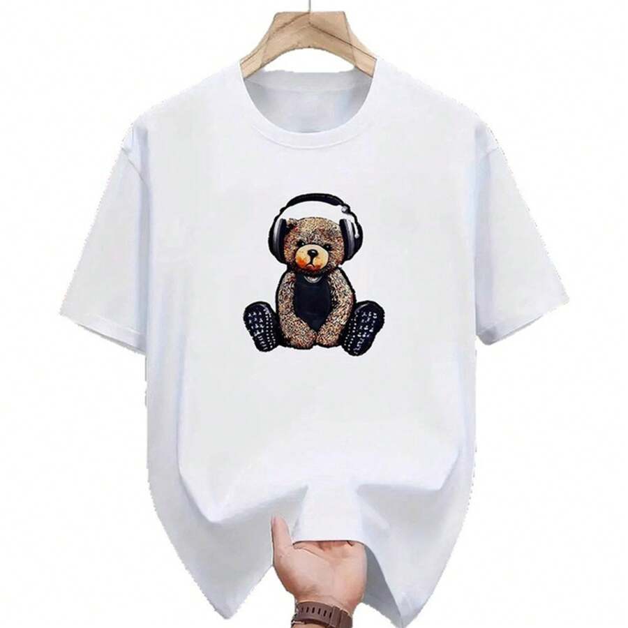 Camiseta Retro Estampada para Mujer, Verano, Casual, Cuello Redondo, Corte Holgado, Manga Corta, Camiseta de Algodón, Ropa Casual - Blanco - Ver 1