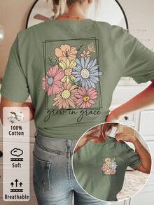 Camiseta de edición limitada con estampado gráfico, manga corta, cuello redondo, top casual para verano y primavera, ropa de mujer, algodón ligero. - Verde - Ver 12