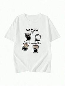 1 pieza de camiseta casual de manga corta para mujer de talla grande con estampado gráfico de café, té y un lindo gato, adecuada para primavera, verano y otoño, camiseta de gato, ropa de verano, diseño divertido, estilo japonés, top casual/de exterior/camiseta estampada blanca 180g Algodón 100%. - Blanco - Ver 4
