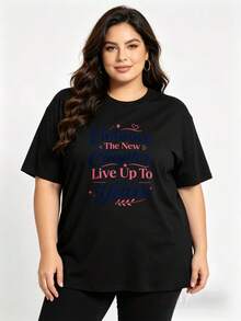 Soft Plus Size - Talla Grande - Camiseta de cuello redondo 100% de gran tamaño para mujer, casual y elegante, para dar inicio a un nuevo capítulo, llena de energía, regalo para la temporada de graduación, adecuada para usar en primavera y verano, blusas elegantes para mujer. - Negro - Ver 1