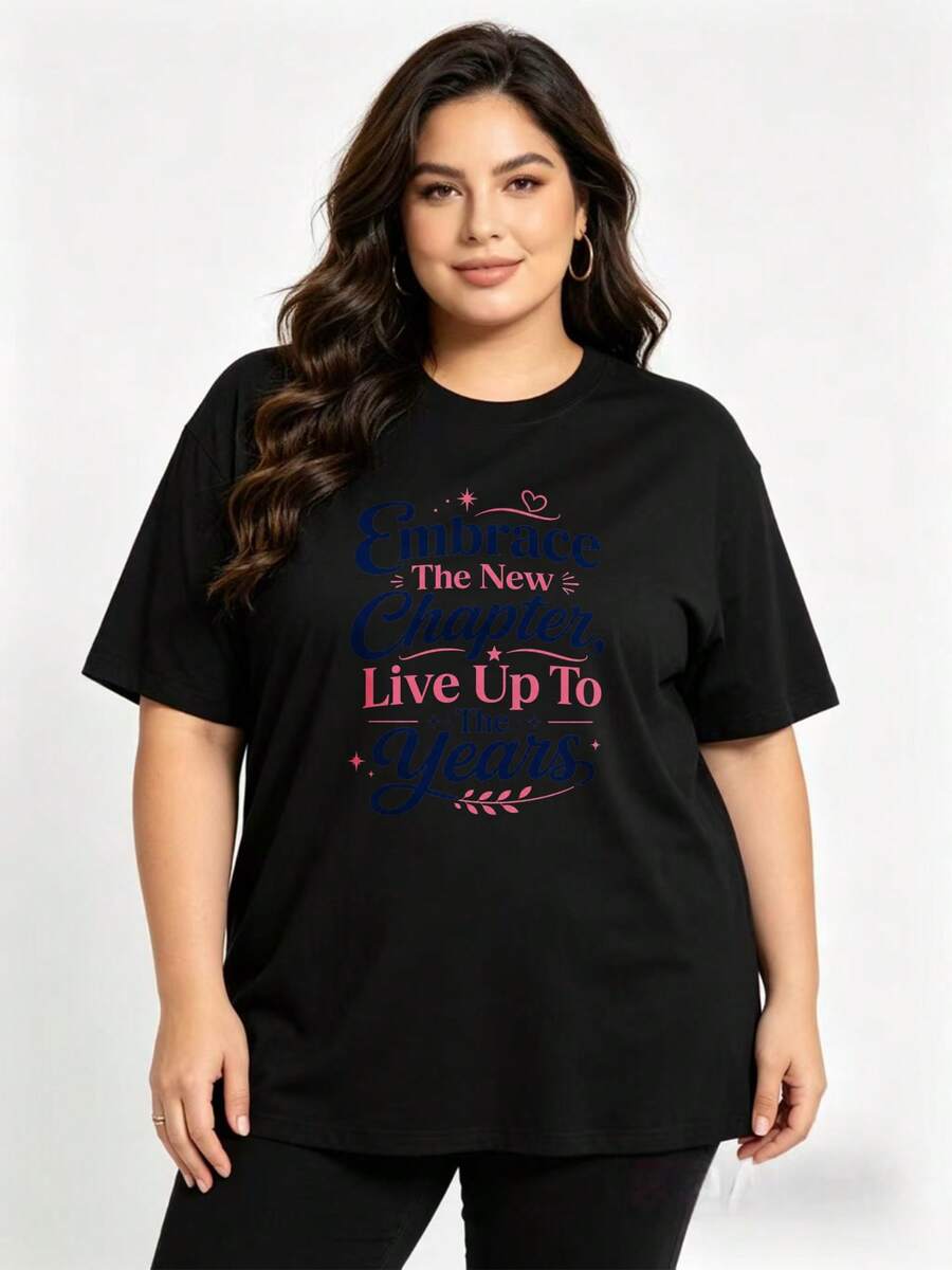 Soft Plus Size - Talla Grande - Camiseta de cuello redondo 100% de gran tamaño para mujer, casual y elegante, para dar inicio a un nuevo capítulo, llena de energía, regalo para la temporada de graduación, adecuada para usar en primavera y verano, blusas elegantes para mujer. - Negro - Ver 1