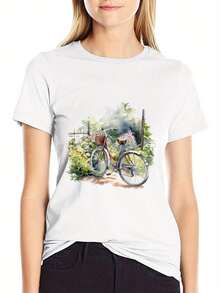 Camiseta de manga corta con estampado de bicicleta en acuarela para mujer, cuello redondo, informal, color negro. - Blanco - Ver 3