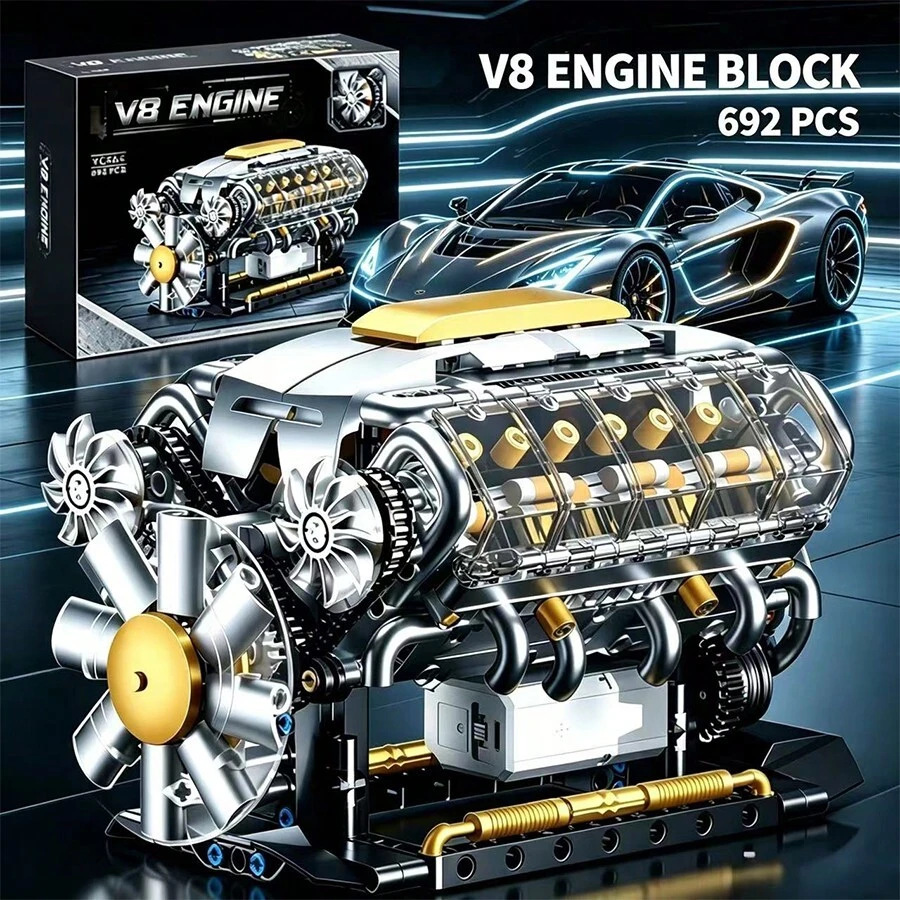 Đồ chơi lắp ráp mô hình động cơ V8 siêu xe sáng tạo, mô hình động cơ V8 tự lắp ráp, mô hình động cơ V8 mini tự chế, dự án lắp ráp STEM dành cho người lớn, đồ chơi giáo dục khoa học vật lý, mô hình trưng bày để bàn, quà tặng sinh nhật, đồ chơi lắp ráp 692 mảnh.