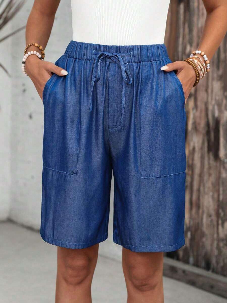 Pantalones cortos tipo bermudas a rayas con bolsillos laterales, de corte amplio y cintura media, estilo básico - Azul - Ver 1