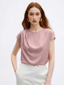 Blusa nueva de primavera/verano con diseño de hombros plisados de cuello redondo en azul, camisa elegante y única para salidas, oficina, ocasiones formales, moda básica profesional casual de alta gama, invitada de boda, fiesta, estilo del milenio, - Rosa - Ver 4