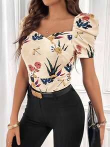 Camiseta con estampado floral escote corazón de manga farol - Albaricoque - Ver 4