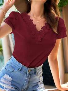 Clasi Camisa de unicolor con escote en V y mangas abultadas para vacaciones y uso casual, blusas de manga corta - Burdeos - Ver 1