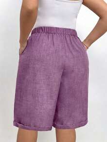 Pantalones cortos holgados de lino de talla grande para mujer, de unicolor, con bolsillo y lazo en la cintura, pantalones cortos anchos y de pierna ancha, pantalones cortos modestos para vacaciones y verano, color negro - Rosa vieja - Ver 2