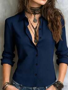 Camisa de manga larga de unicolor para mujer, con diseño de cuello para mostrar un aspecto profesional y capaz, hecha de tela cómoda.Negro primaveral - Azul - Ver 7