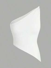 Top elegante de un hombro con un giro en color rojo burdeos delgado para mujer - Blanco - Ver 8