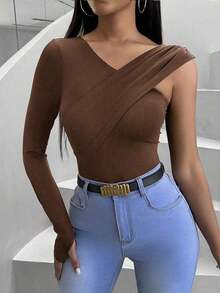 Camiseta De Señora Entallada Con Cuello En V De Color Sólido - Café integral - Ver 6