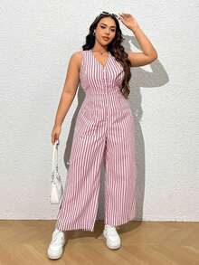 Enterizo casual sin mangas de talla grande con cuello en V y estampado de rayas con botón de un solo pecho - Rojo - Ver 1
