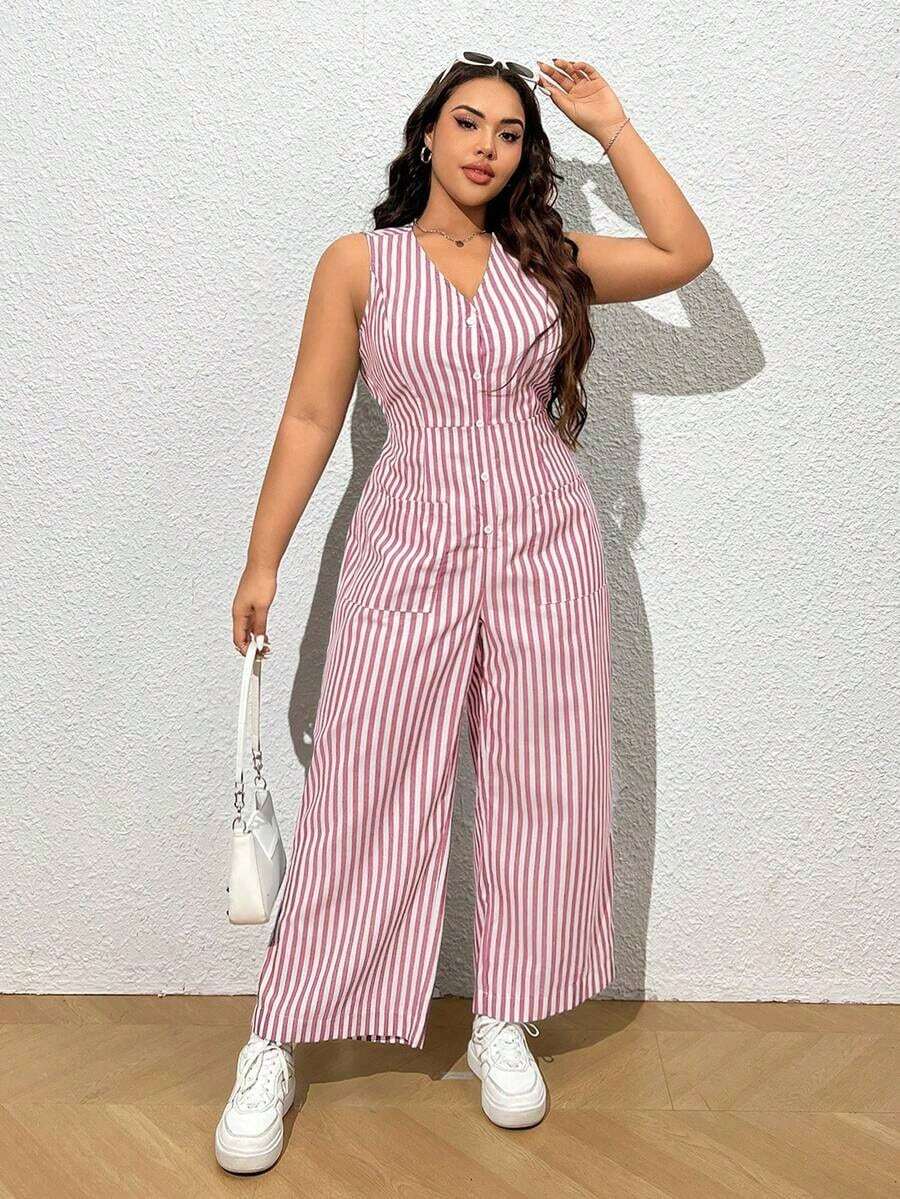 Enterizo casual sin mangas de talla grande con cuello en V y estampado de rayas con botón de un solo pecho - Rojo - Ver 1