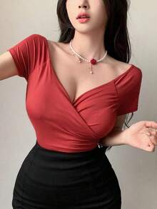 Camiseta básica de manga corta y escote envolvente de color liso versátil y casual, parte superior azul - Rojo - Ver 8